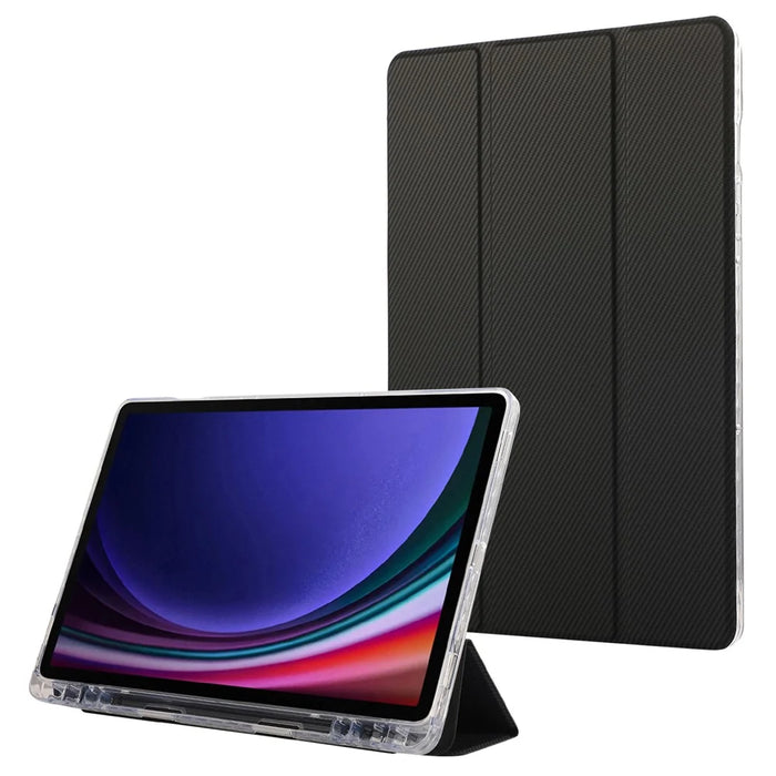 For Samsung Galaxy Tab S9 / S10 Lite / S10 FE / S9 FE Case Tri-Fold Stand Smart Auto / Wake Leather Tablet Cover Carbon Fiber Texture - Black - 1