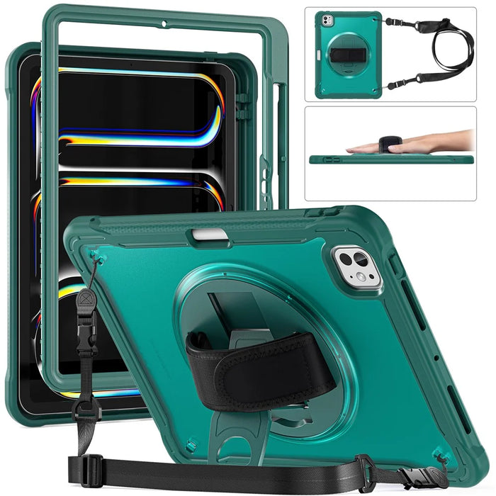 For iPad Pro 11 (2025) / 11 (2024) Case Hand Strap Kickstand PC+TPU+Silicone Cover with Shoulder Strap - Midnight Green - 1
