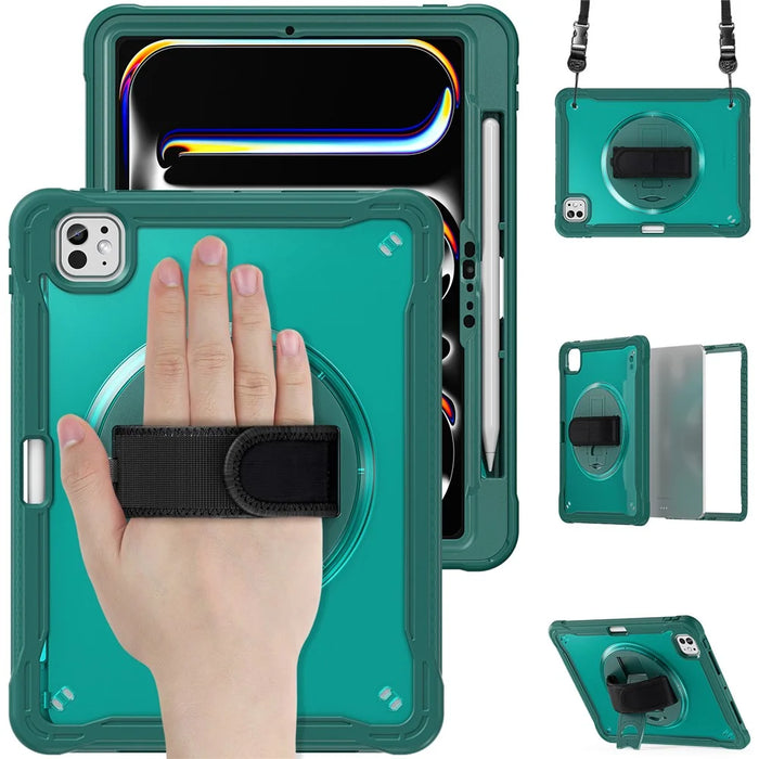 For iPad Pro 11 (2025) / 11 (2024) Case Hand Strap Kickstand PC+TPU+Silicone Cover with Shoulder Strap - Midnight Green - 2