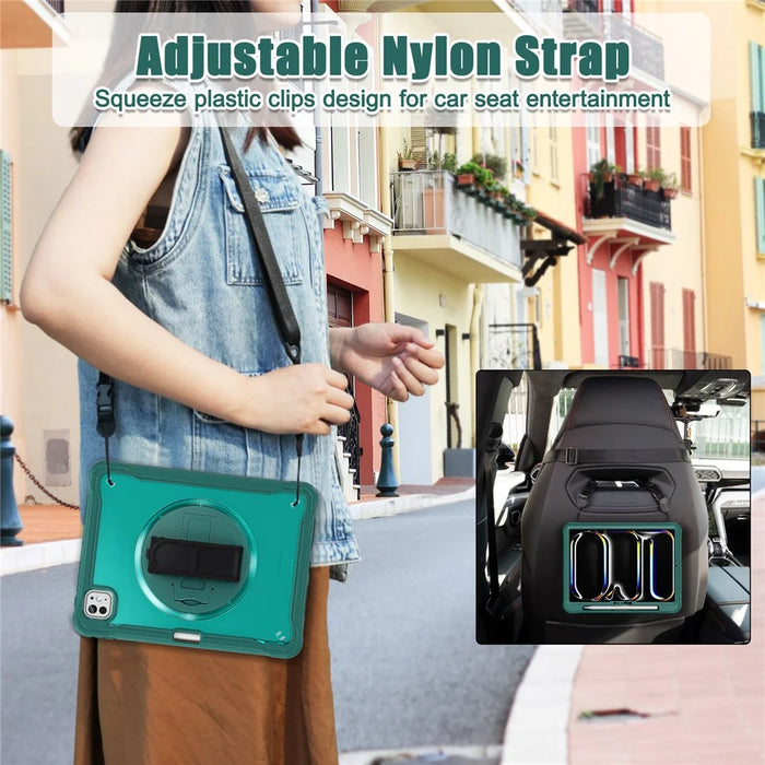 For iPad Pro 11 (2025) / 11 (2024) Case Hand Strap Kickstand PC+TPU+Silicone Cover with Shoulder Strap - Midnight Green - 3