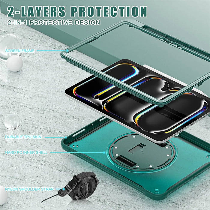 For iPad Pro 11 (2025) / 11 (2024) Case Hand Strap Kickstand PC+TPU+Silicone Cover with Shoulder Strap - Midnight Green - 5