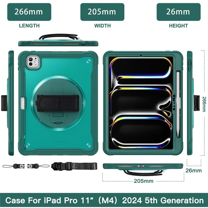 For iPad Pro 11 (2025) / 11 (2024) Case Hand Strap Kickstand PC+TPU+Silicone Cover with Shoulder Strap - Midnight Green - 6