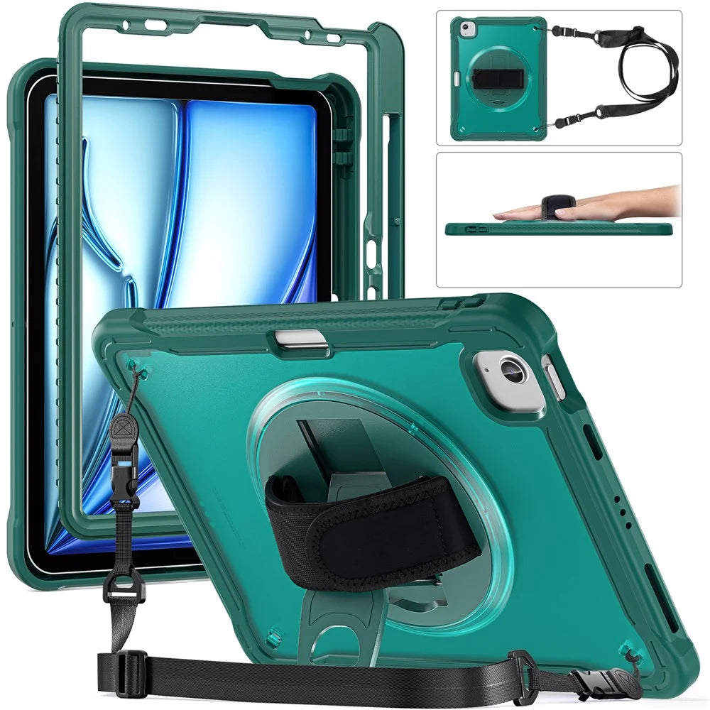 For iPad Air 11 (2026) / (2025) / (2024) / Air (2022) / (2020) / Pro 11 (2022) / (2021) / (2020) / (2018) Case Kickstand Cover with Strap - Midnight Green - 1