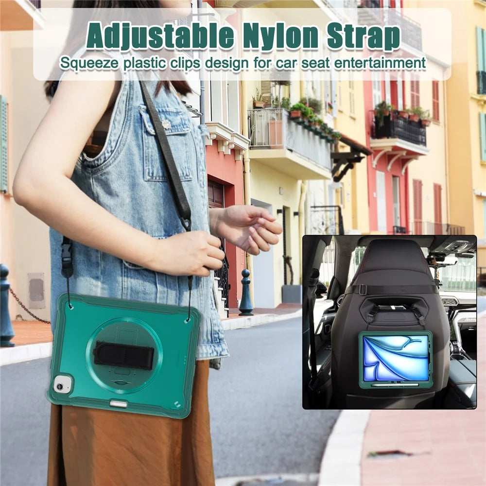 For iPad Air 11 (2026) / (2025) / (2024) / Air (2022) / (2020) / Pro 11 (2022) / (2021) / (2020) / (2018) Case Kickstand Cover with Strap - Midnight Green - 3