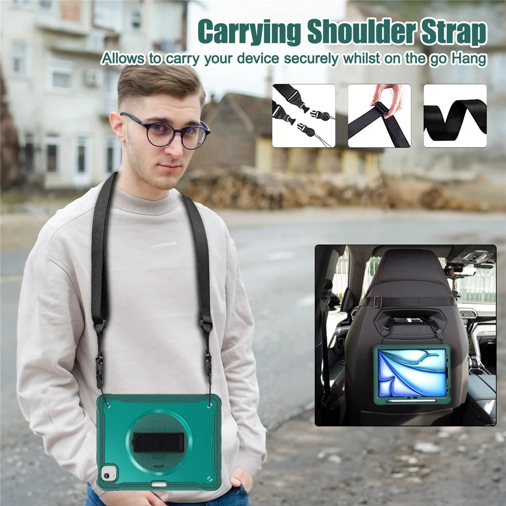 For iPad Air 11 (2026) / (2025) / (2024) / Air (2022) / (2020) / Pro 11 (2022) / (2021) / (2020) / (2018) Case Kickstand Cover with Strap - Midnight Green - 4