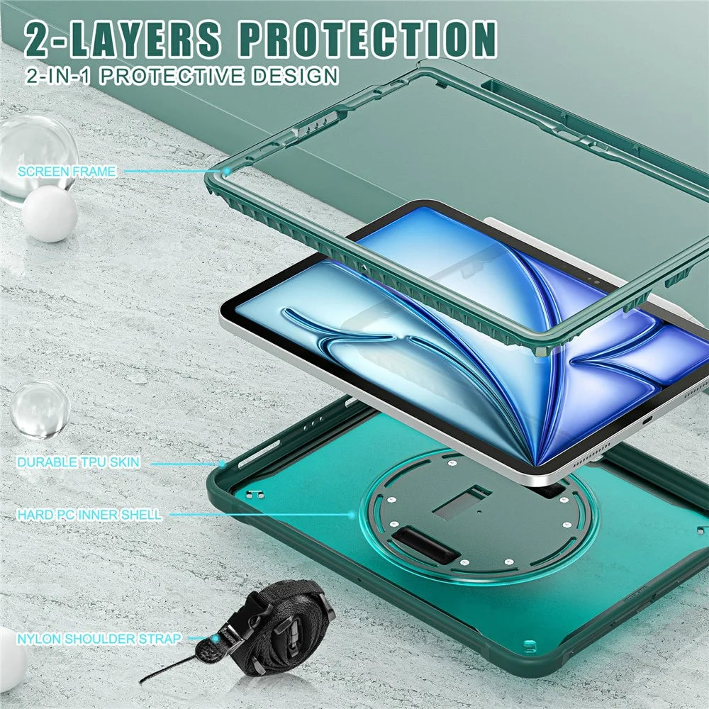 For iPad Air 11 (2026) / (2025) / (2024) / Air (2022) / (2020) / Pro 11 (2022) / (2021) / (2020) / (2018) Case Kickstand Cover with Strap - Midnight Green - 5