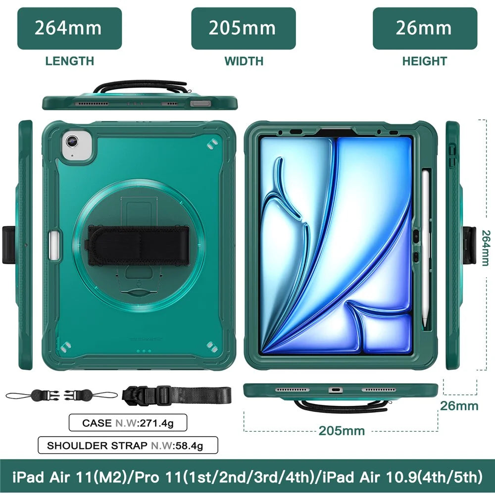 For iPad Air 11 (2026) / (2025) / (2024) / Air (2022) / (2020) / Pro 11 (2022) / (2021) / (2020) / (2018) Case Kickstand Cover with Strap - Midnight Green - 6