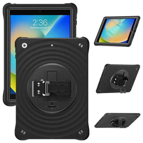 For iPad 10.2 (2021) / (2020) / (2019) Case Hand Strap Kickstand TPU+PC+Silicone Tablet Cover - Black - 1