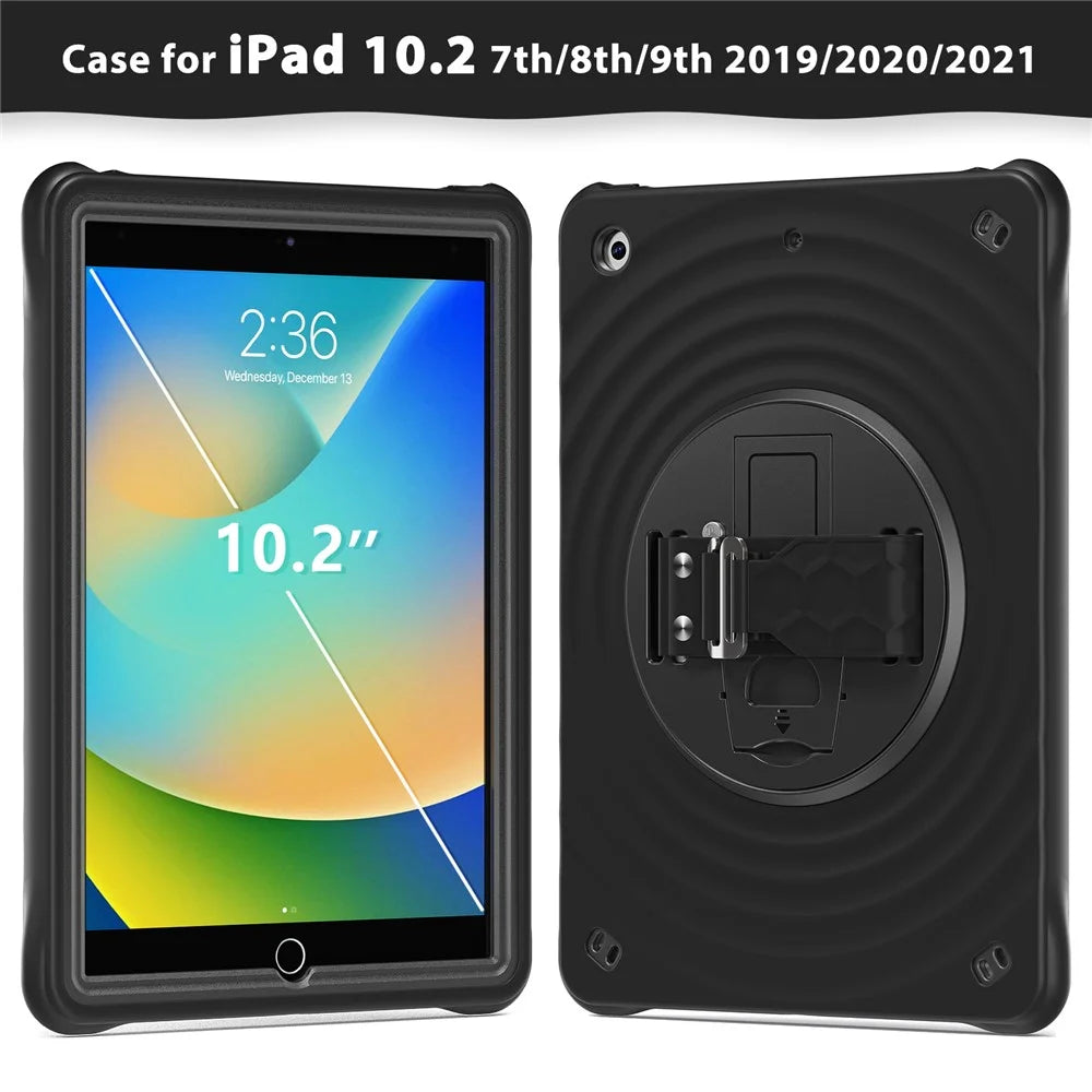 For iPad 10.2 (2021) / (2020) / (2019) Case Hand Strap Kickstand TPU+PC+Silicone Tablet Cover - Black - 2