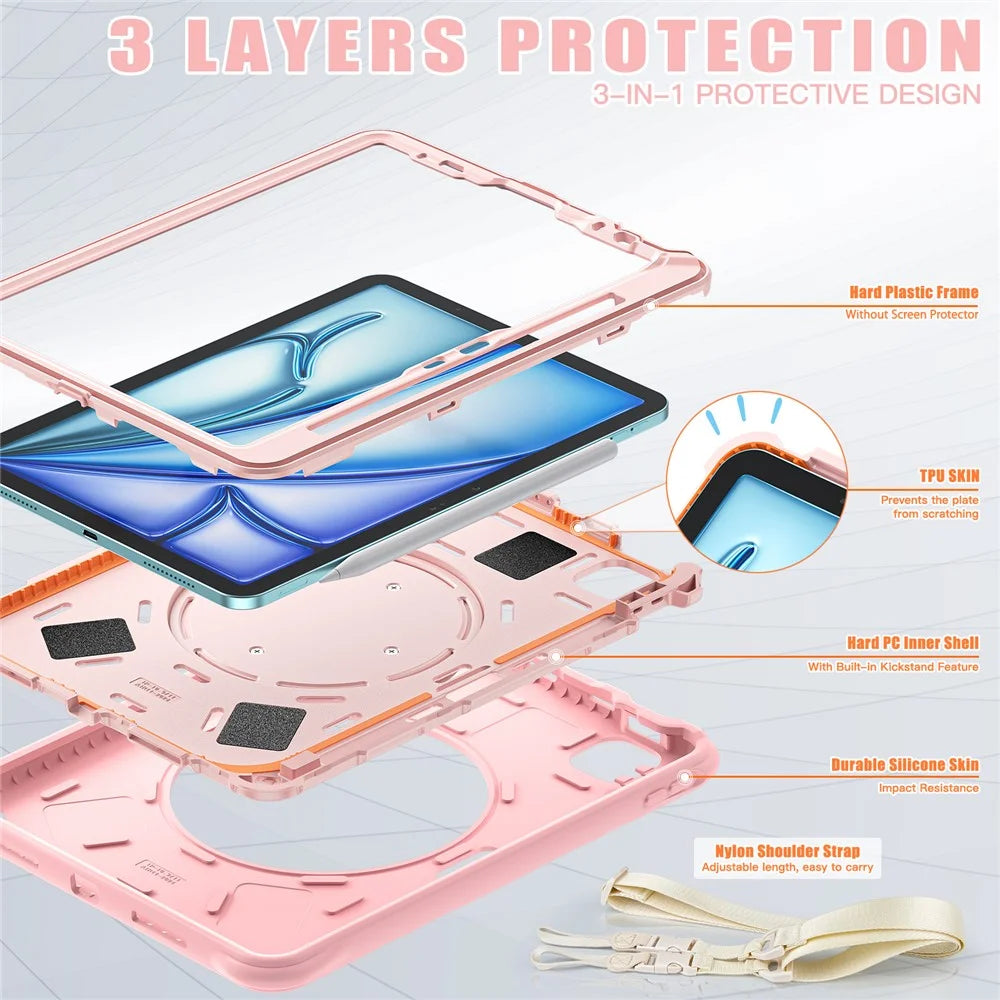 For iPad Air 11 (2026) / (2025) / (2024) / Air (2022) / (2020) / Pro 11 (2022) / (2021) / (2020) / (2018) Kickstand Case with Shoulder Strap - Pink - 3