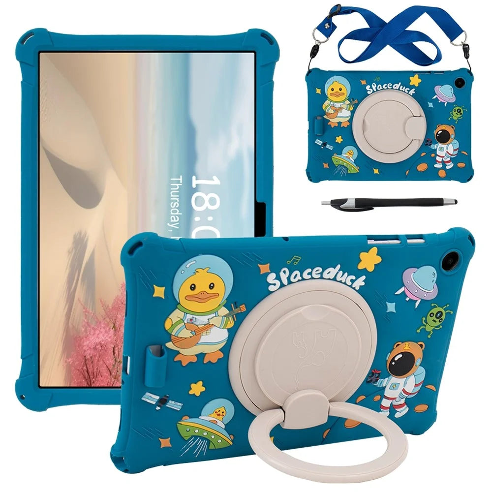 For Samsung Galaxy Tab A9+ X216 Case Rotatable Kickstand Cute Cartoon Silicone Tablet Cover with Lanyard - Green - 1