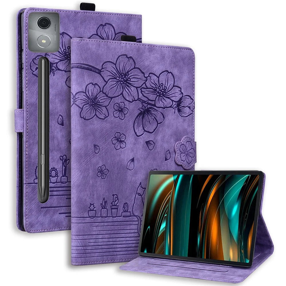 For Lenovo Xiaoxin Pad Pro 12.7 inch Case Card Slots Leather Tablet Stand Folio Cover Flower Cat - Purple - 1