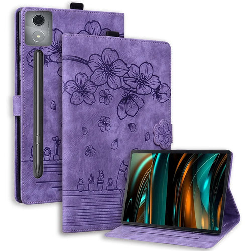 For Lenovo Xiaoxin Pad Pro 12.7 inch Case Card Slots Leather Tablet Stand Folio Cover Flower Cat - Purple - 1
