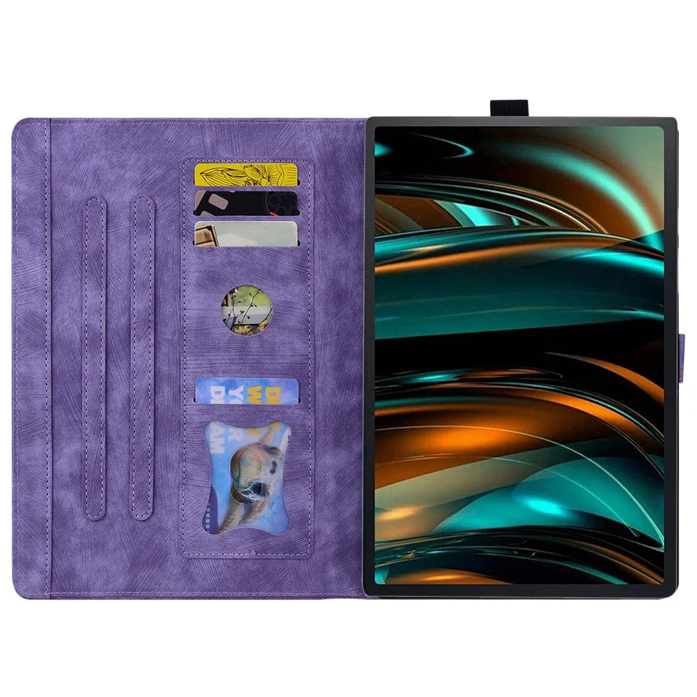 For Lenovo Xiaoxin Pad Pro 12.7 inch Case Card Slots Leather Tablet Stand Folio Cover Flower Cat - Purple - 2