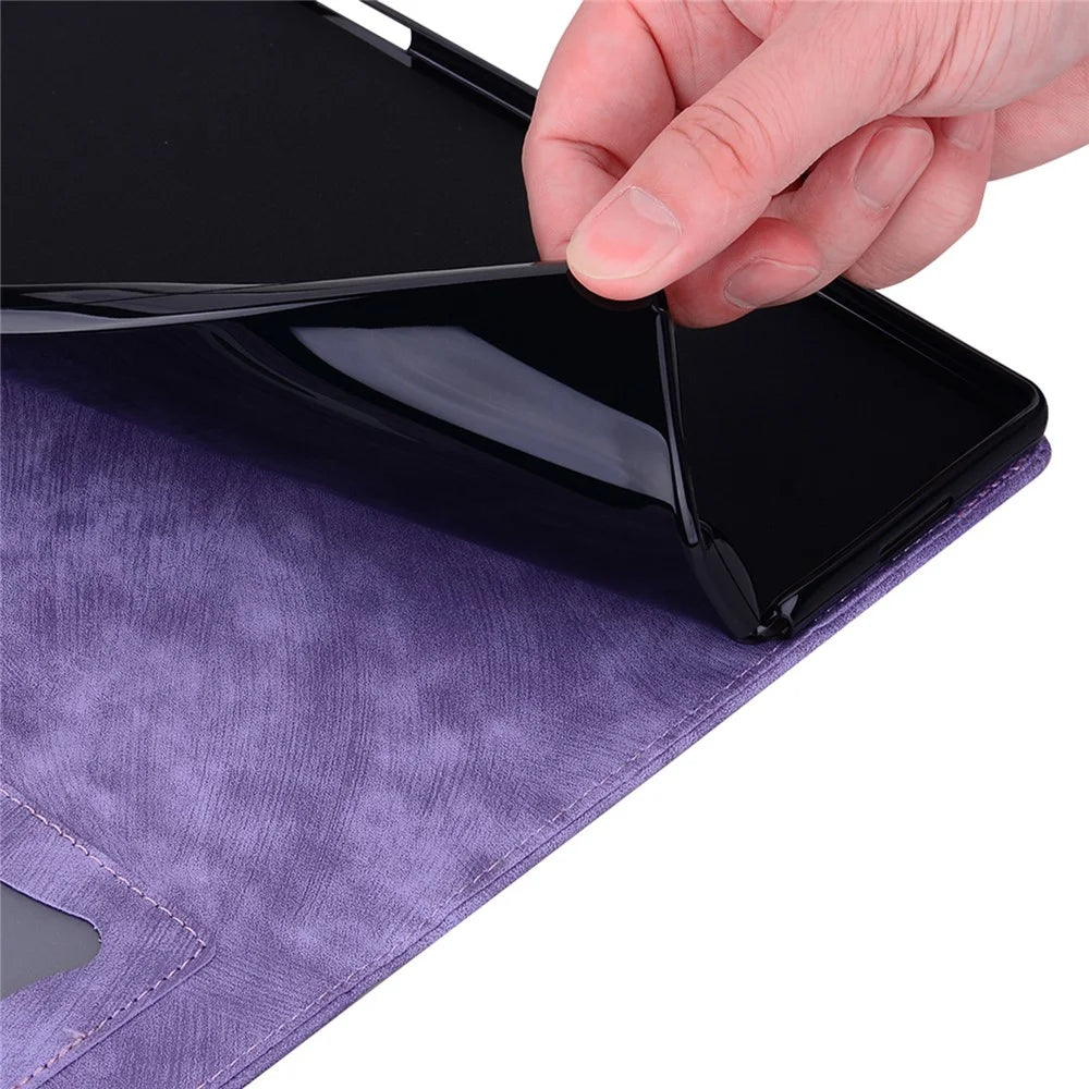 For Lenovo Xiaoxin Pad Pro 12.7 inch Case Card Slots Leather Tablet Stand Folio Cover Flower Cat - Purple - 4