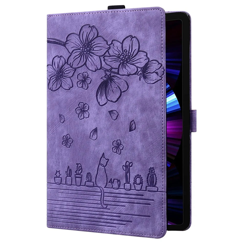 For Lenovo Xiaoxin Pad Pro 12.7 inch Case Card Slots Leather Tablet Stand Folio Cover Flower Cat - Purple - 6