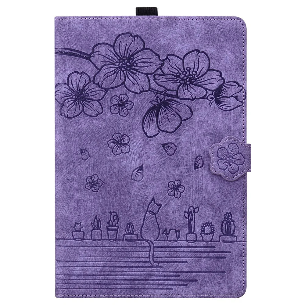For Lenovo Xiaoxin Pad Pro 12.7 inch Case Card Slots Leather Tablet Stand Folio Cover Flower Cat - Purple - 7