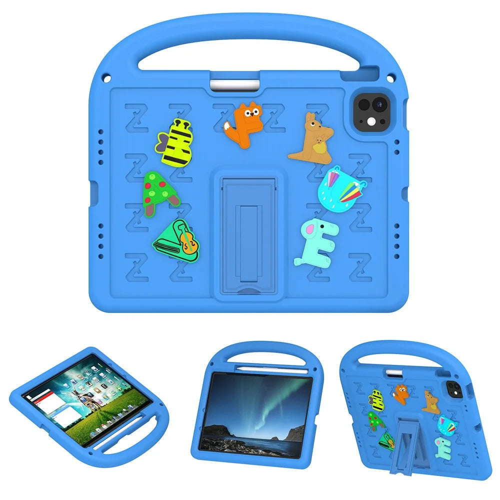 For iPad Air 11 (2026) / (2025) / (2024) / iPad Pro 11 (2025) / 11 (2024) Kickstand Case Cartoon Design Anti-Drop EVA+PC Tablet Cover with Strap for Kids - Blue - 1