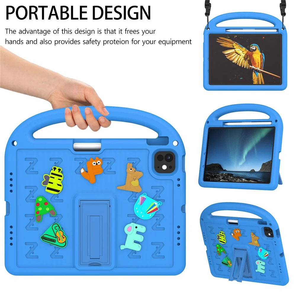 For iPad Air 11 (2026) / (2025) / (2024) / iPad Pro 11 (2025) / 11 (2024) Kickstand Case Cartoon Design Anti-Drop EVA+PC Tablet Cover with Strap for Kids - Blue - 2
