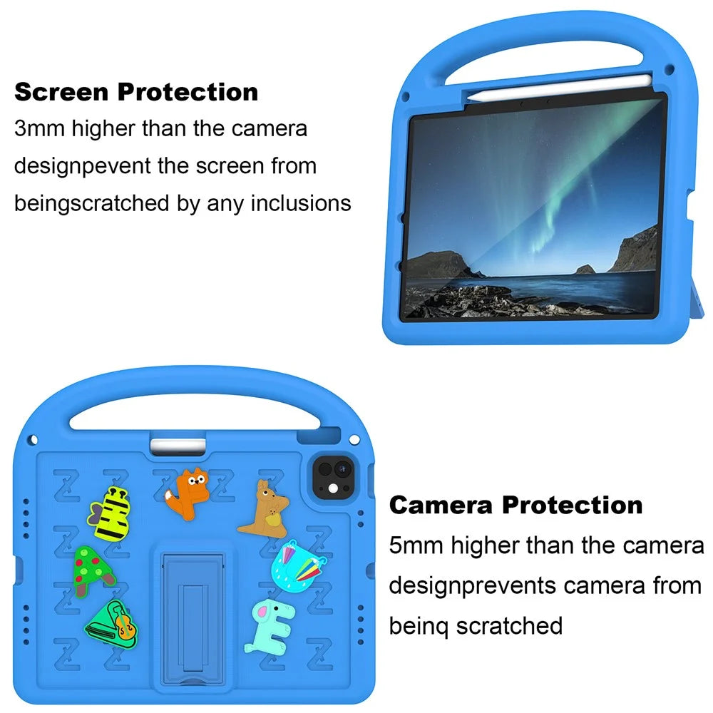 For iPad Air 11 (2026) / (2025) / (2024) / iPad Pro 11 (2025) / 11 (2024) Kickstand Case Cartoon Design Anti-Drop EVA+PC Tablet Cover with Strap for Kids - Blue - 3