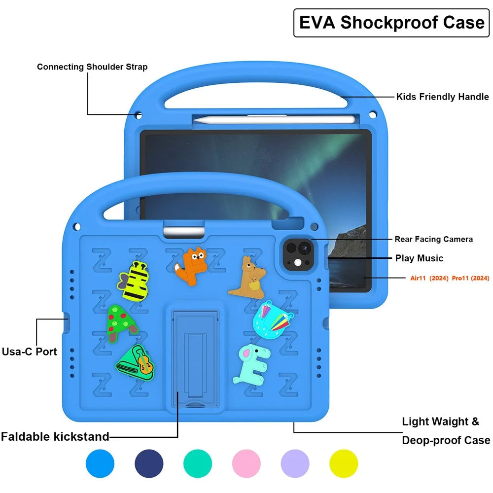 For iPad Air 11 (2026) / (2025) / (2024) / iPad Pro 11 (2025) / 11 (2024) Kickstand Case Cartoon Design Anti-Drop EVA+PC Tablet Cover with Strap for Kids - Blue - 6