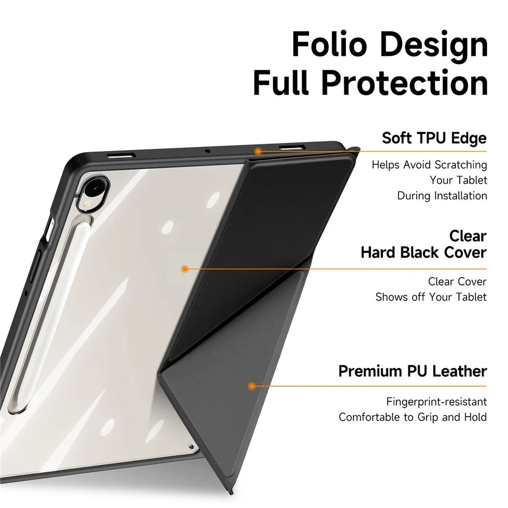 DUX DUCIS Magi Series for Samsung Galaxy Tab S10 Lite / S10 FE / Tab S9 / S9 FE Case Origami Stand Leather+PC+TPU Clear Back Cover - Black - 6