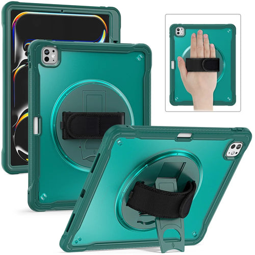 For iPad Pro 13 (2025) / (2024) Case Kickstand PC+TPU+Silicone Tablet Cover with Rotary Hand Strap - Midnight Green - 1