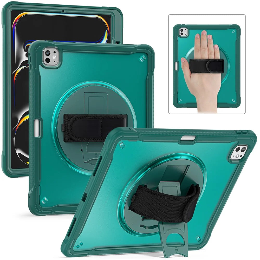 For iPad Pro 13 (2025) / (2024) Case Kickstand PC+TPU+Silicone Tablet Cover with Rotary Hand Strap - Midnight Green - 1