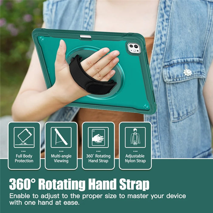 For iPad Pro 13 (2025) / (2024) Case Kickstand PC+TPU+Silicone Tablet Cover with Rotary Hand Strap - Midnight Green - 3