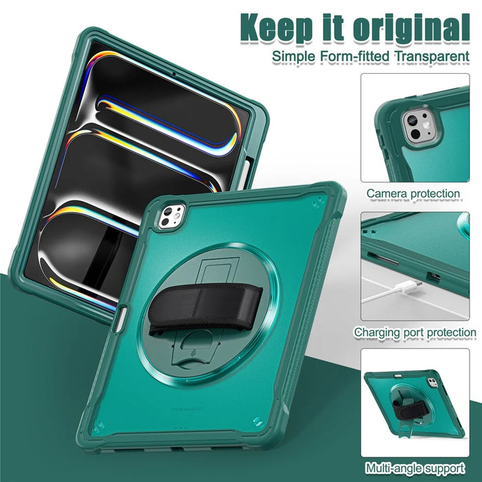 For iPad Pro 13 (2025) / (2024) Case Kickstand PC+TPU+Silicone Tablet Cover with Rotary Hand Strap - Midnight Green - 4