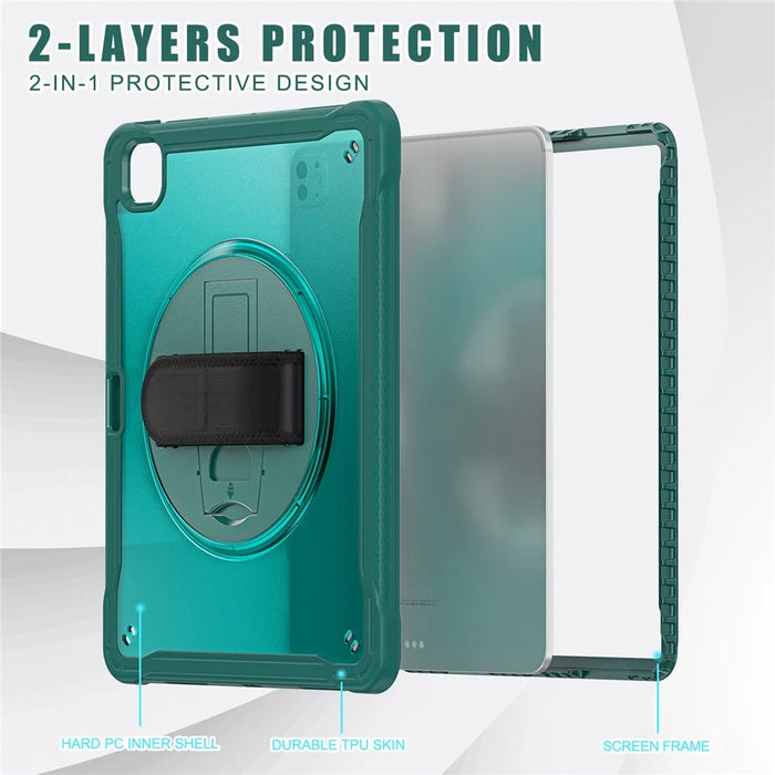 For iPad Pro 13 (2025) / (2024) Case Kickstand PC+TPU+Silicone Tablet Cover with Rotary Hand Strap - Midnight Green - 5