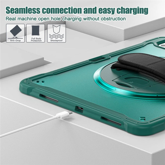 For iPad Pro 13 (2025) / (2024) Case Kickstand PC+TPU+Silicone Tablet Cover with Rotary Hand Strap - Midnight Green - 6