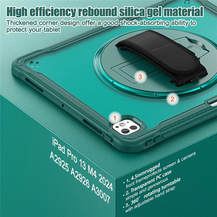 For iPad Pro 13 (2025) / (2024) Case Kickstand PC+TPU+Silicone Tablet Cover with Rotary Hand Strap - Midnight Green - 7