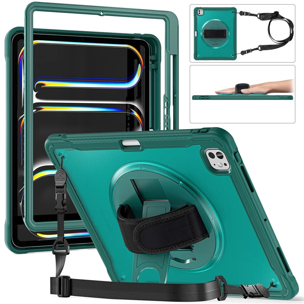 For iPad Pro 13 (2025) / (2024) Case Hand Strap Kickstand PC+TPU+Silicone Cover with Shoulder Strap - Midnight Green - 1