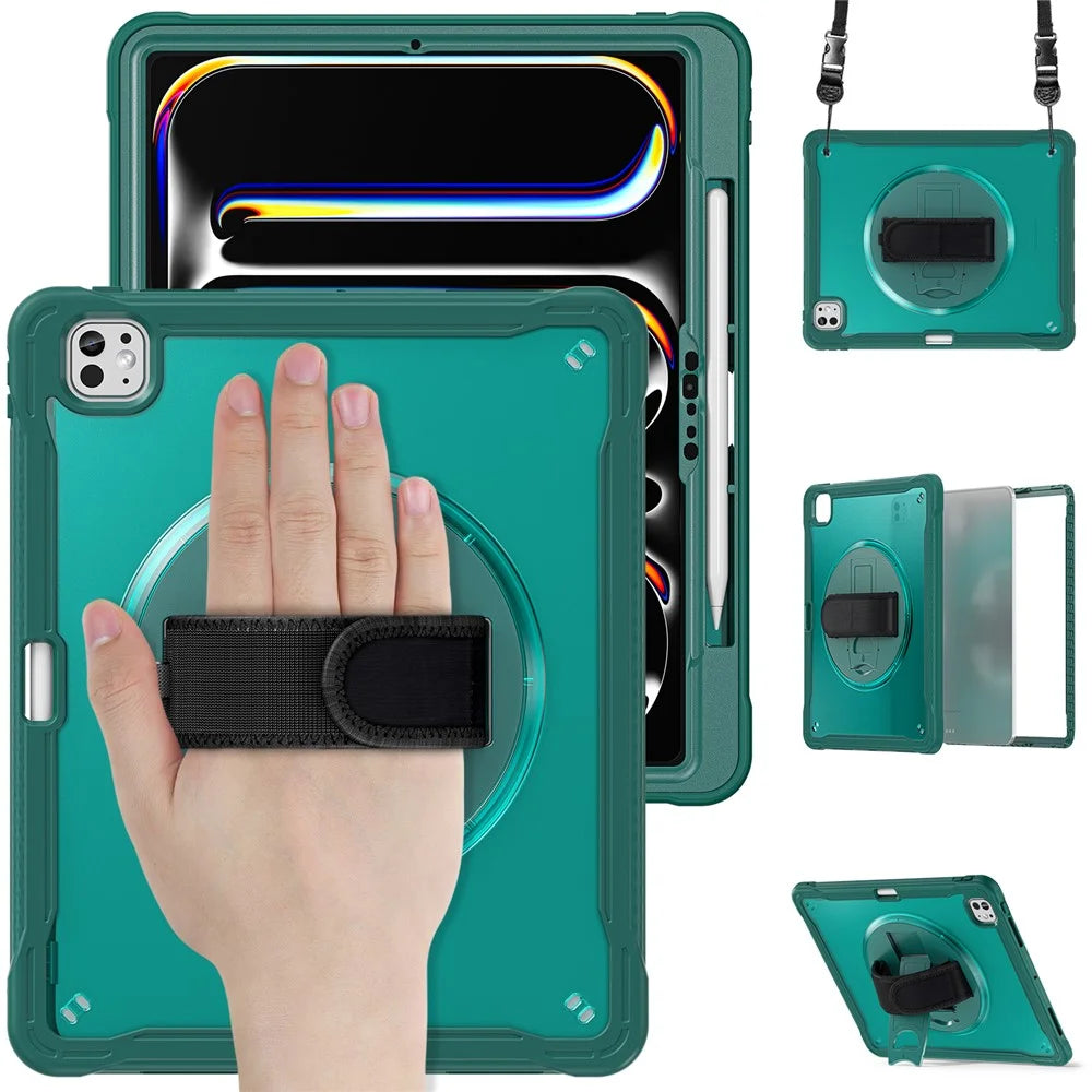 For iPad Pro 13 (2025) / (2024) Case Hand Strap Kickstand PC+TPU+Silicone Cover with Shoulder Strap - Midnight Green - 2