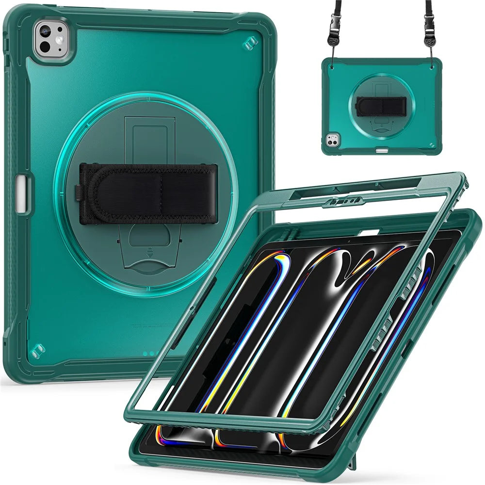 For iPad Pro 13 (2025) / (2024) Case Hand Strap Kickstand PC+TPU+Silicone Cover with Shoulder Strap - Midnight Green - 3