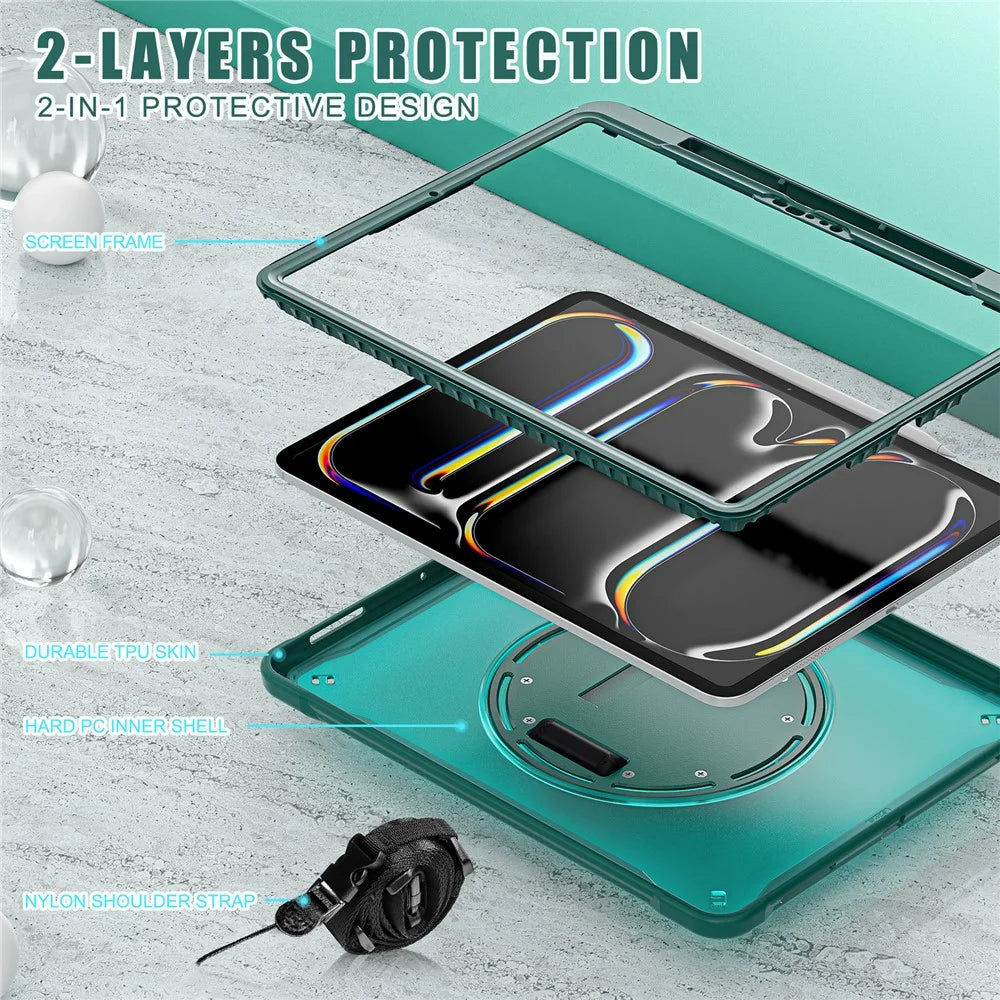 For iPad Pro 13 (2025) / (2024) Case Hand Strap Kickstand PC+TPU+Silicone Cover with Shoulder Strap - Midnight Green - 6