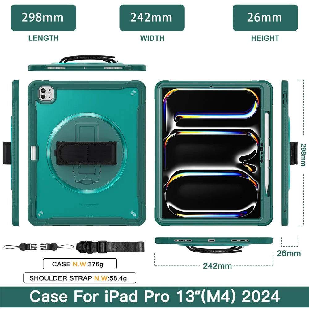 For iPad Pro 13 (2025) / (2024) Case Hand Strap Kickstand PC+TPU+Silicone Cover with Shoulder Strap - Midnight Green - 7