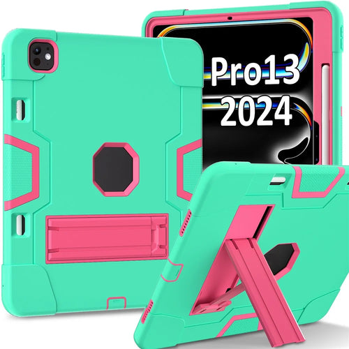 For iPad Pro 13 (2025) / 13 (2024) Case Robot Style Silicone + PC Tablet Cover with Kickstand - Mint Green / Rose - 1