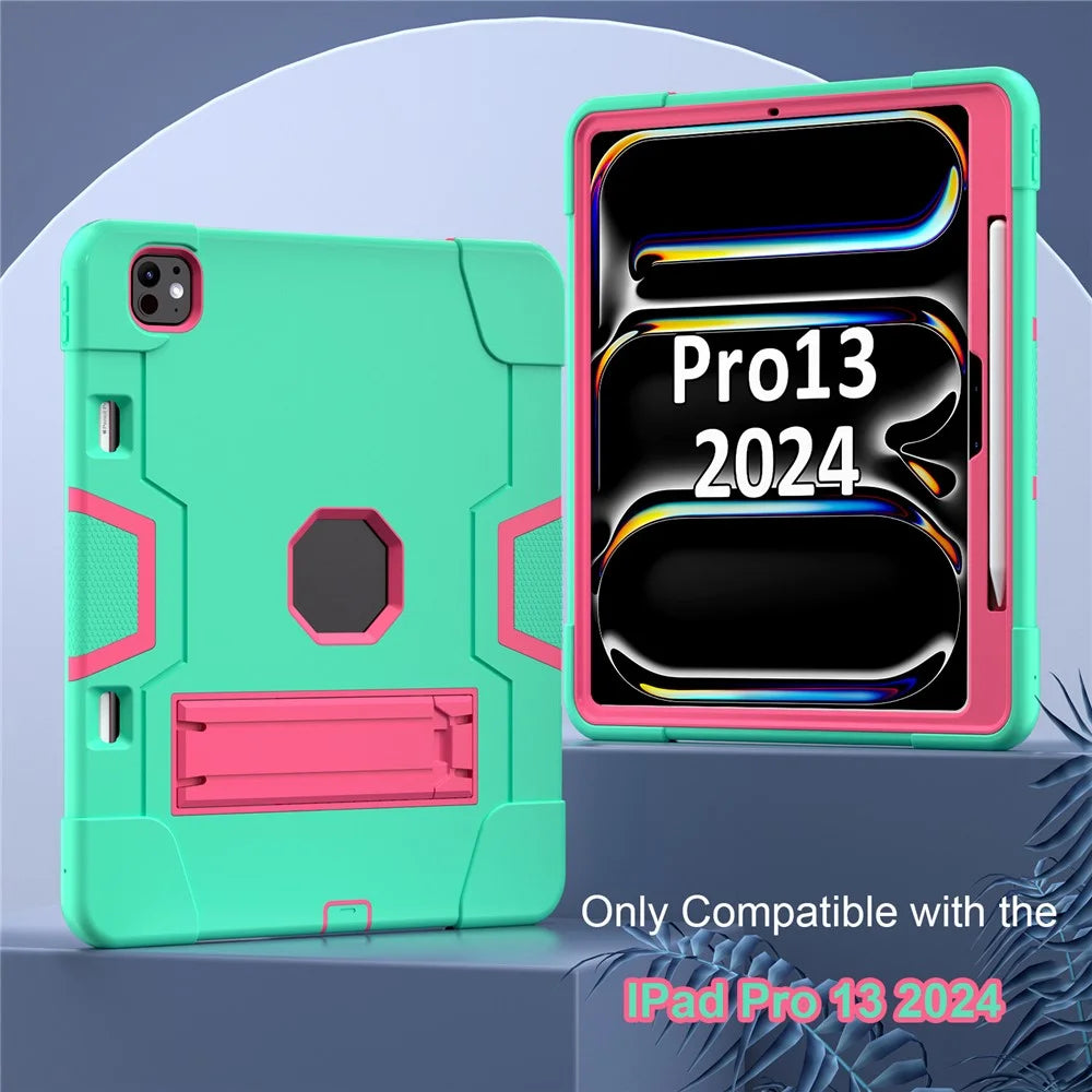 For iPad Pro 13 (2025) / 13 (2024) Case Robot Style Silicone + PC Tablet Cover with Kickstand - Mint Green / Rose - 2