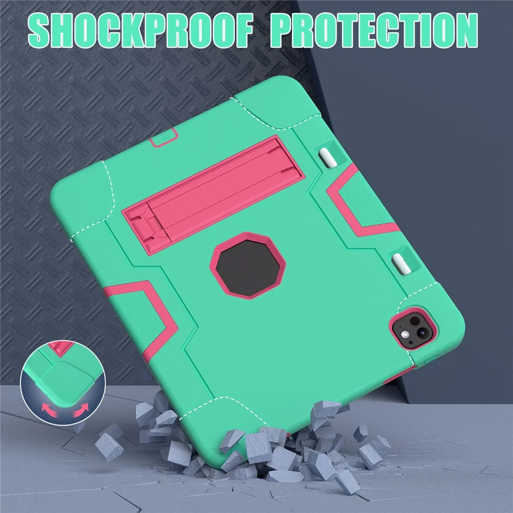 For iPad Pro 13 (2025) / 13 (2024) Case Robot Style Silicone + PC Tablet Cover with Kickstand - Mint Green / Rose - 6