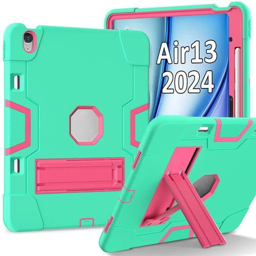 For iPad Air 13 (2026) / (2025) / (2024) Case Robot Style Silicone + PC Tablet Cover with Kickstand - Mint Green / Rose - 1