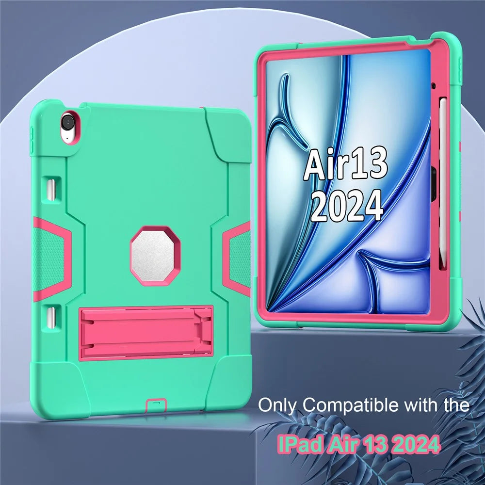 For iPad Air 13 (2026) / (2025) / (2024) Case Robot Style Silicone + PC Tablet Cover with Kickstand - Mint Green / Rose - 2