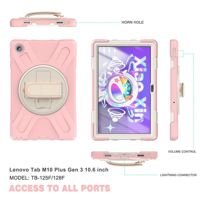 For Lenovo Tab M10 Plus (3rd Gen) / Xiaoxin Pad 2022 10.6 inch TB-125F / 128F 360 Degree Rotation Hand Strap Tablet Case Anti-drop PC + Silicone Kickstand Cover - Cherry Blossom Pink - 2