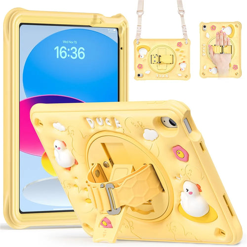 For iPad (2025) / 10.9 (2022) Case with Shoulder Strap Duck Pattern Hand Strap Kickstand PC+Silicone+TPU Cover - 1