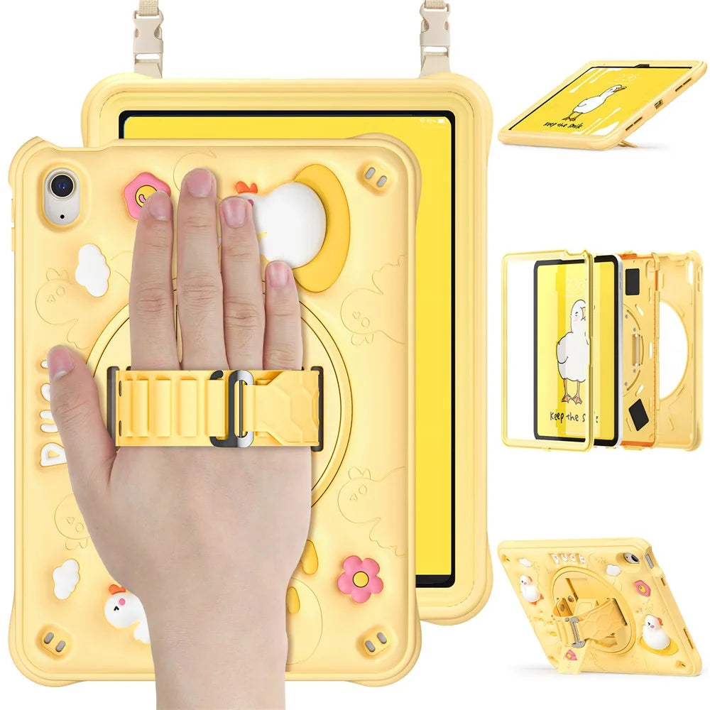 For iPad (2025) / 10.9 (2022) Case with Shoulder Strap Duck Pattern Hand Strap Kickstand PC+Silicone+TPU Cover - 2