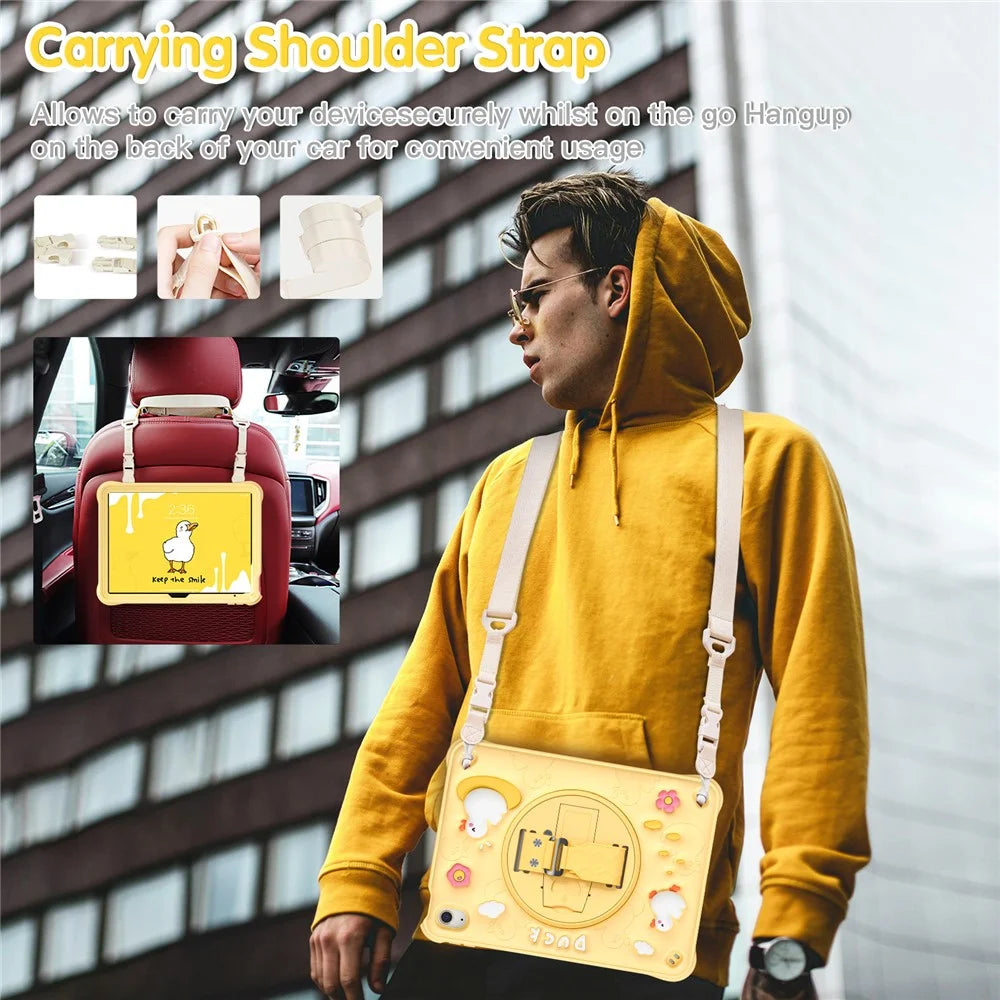 For iPad (2025) / 10.9 (2022) Case with Shoulder Strap Duck Pattern Hand Strap Kickstand PC+Silicone+TPU Cover - 3