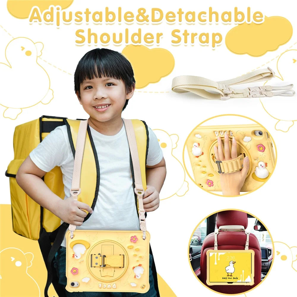 For iPad (2025) / 10.9 (2022) Case with Shoulder Strap Duck Pattern Hand Strap Kickstand PC+Silicone+TPU Cover - 4