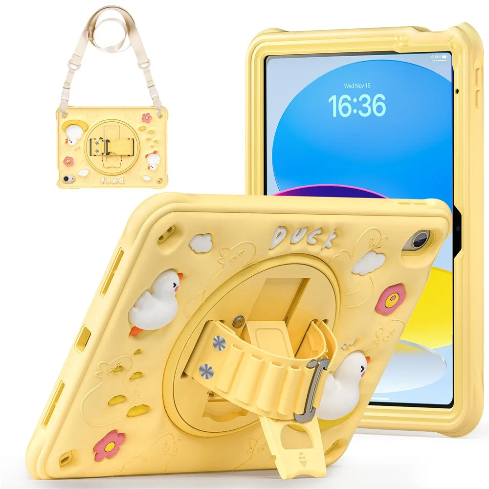 For iPad (2025) / 10.9 (2022) Case with Shoulder Strap Duck Pattern Hand Strap Kickstand PC+Silicone+TPU Cover - 5