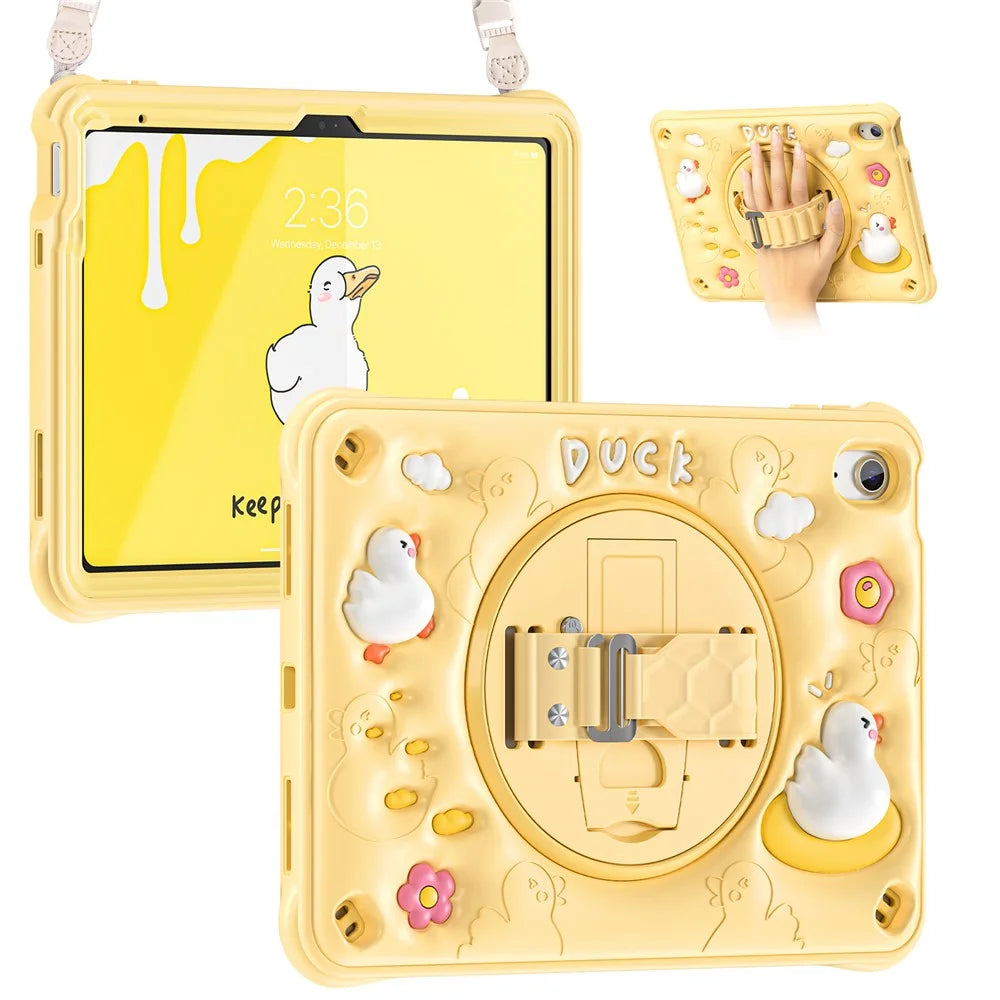 For iPad (2025) / 10.9 (2022) Case with Shoulder Strap Duck Pattern Hand Strap Kickstand PC+Silicone+TPU Cover - 6
